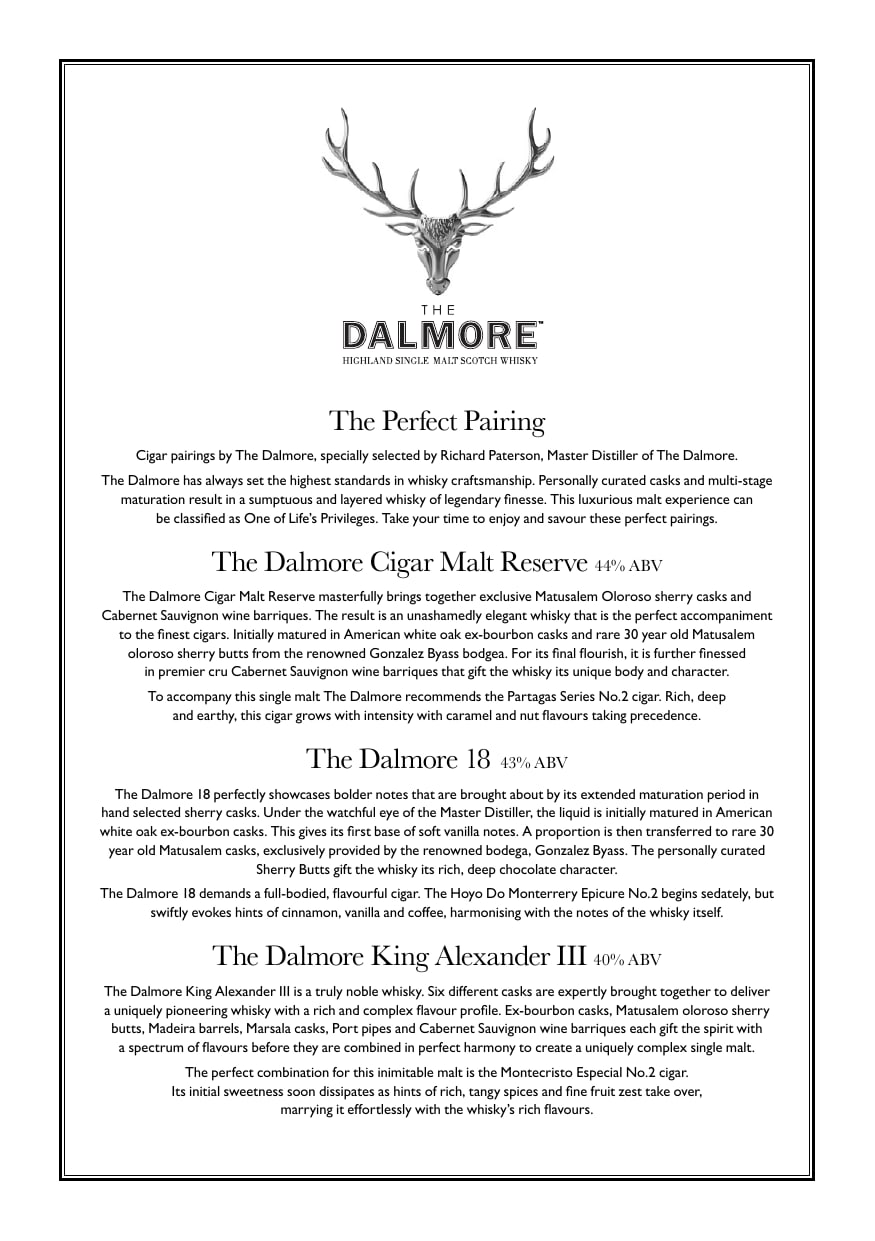 The Dalmore cigar pairing menu